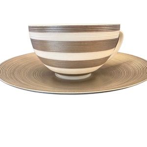 JL Coquet Limoges Porcelain Hemisphere Striped Platinum Tea Cup With Saucer